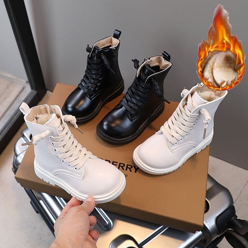 Children's Leather Boots 2023 Winter New Cotton Boots Solid Color Casual Cotton Girls' Korean Style Martin Boots Cross Border