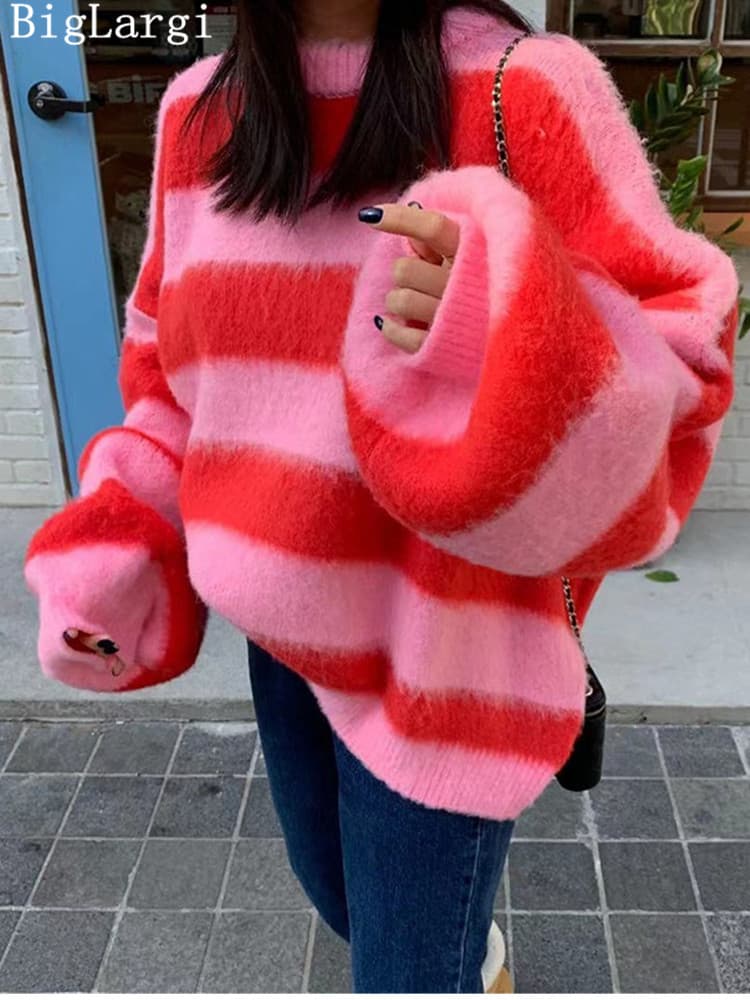 Puff Sleeve Knitted Sweater Women Korean Striped Vintage Pullover Ladies Tops Women's Clothing Round Neck Autumn Winter