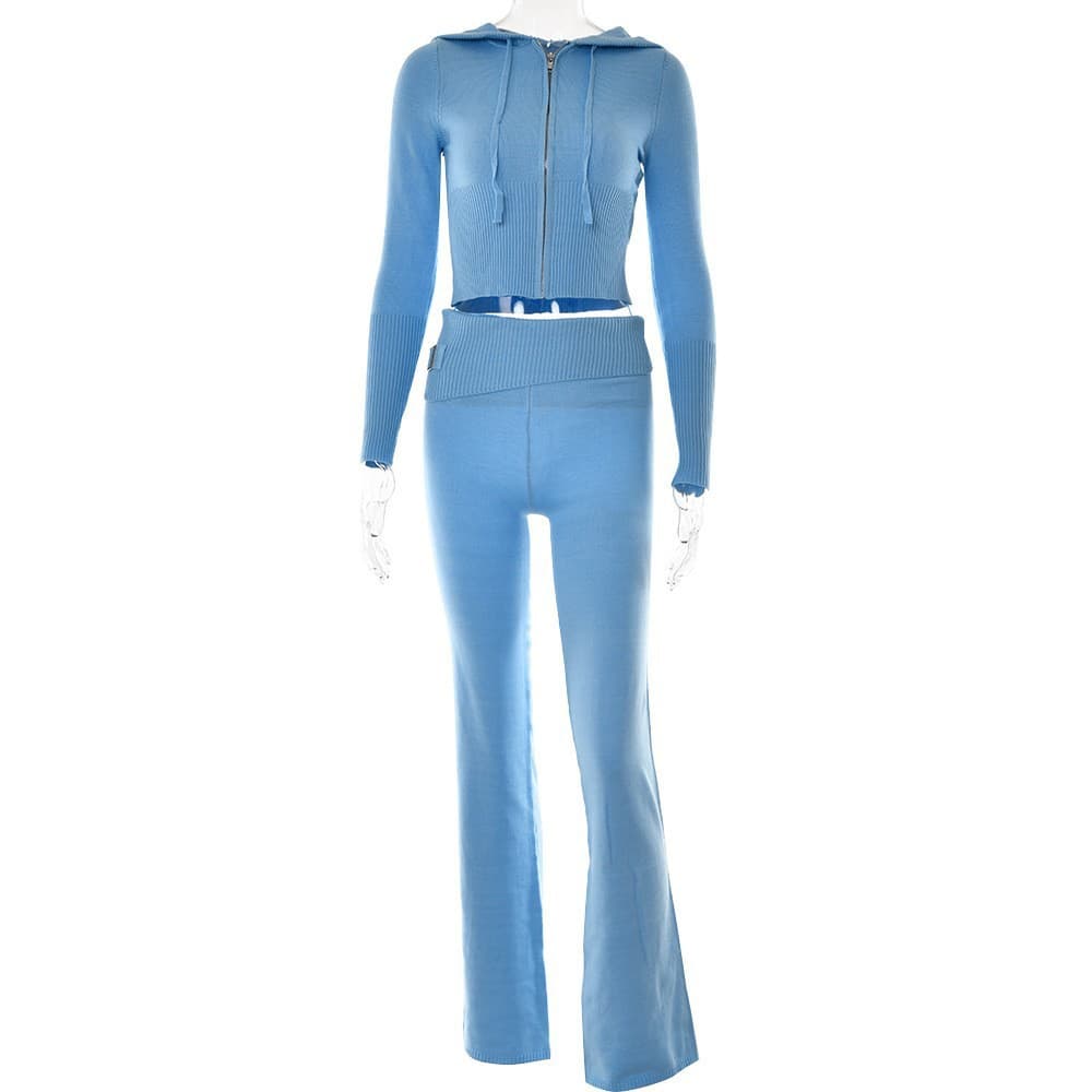Ensemble deux pièces en tricot à capuche pour femme, nouvelle collection européenne et américaine, à la mode et sexy, taille haute, manches long