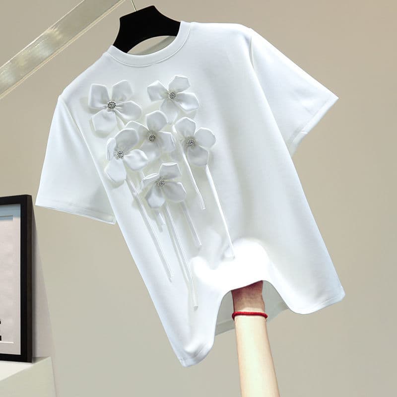 Women's Clothing In stock Diamond tassel flower short sleeved T shirt summer Korean version loose slim casual round neck elastic top