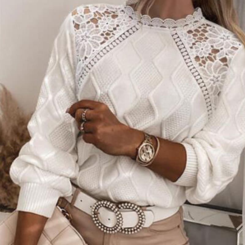 Women's Clothing Popular Autumn And Winter Style Lace Lace Shoulder Sweater Women's Tops Temperament Slim Knitted Sweater Women's Knitted Pullover Top
