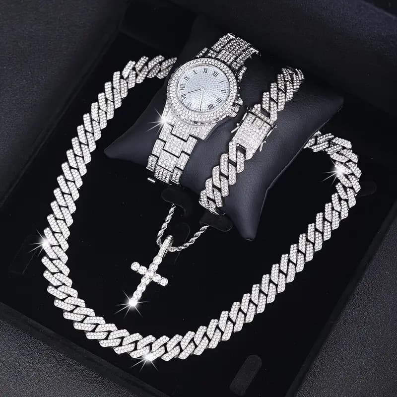 Ensemble de montres et colliers assortis style hip-hop avec strass incrustés