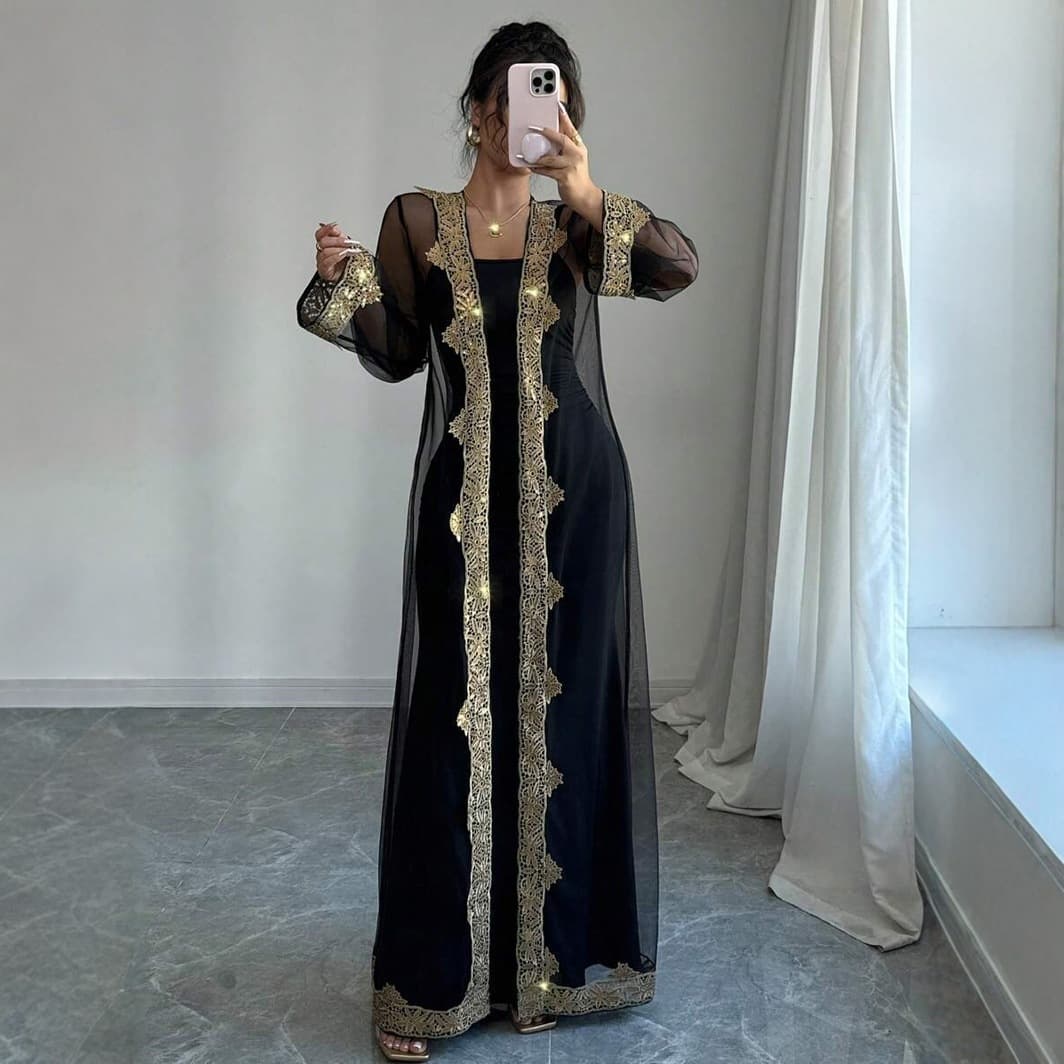 ​​Elegant Muslim Abaya Dress Set – Long Sleeve Embroidered Tulle Dress With Matching Open Front Cover, Fall/Winter Modest Fashion​​