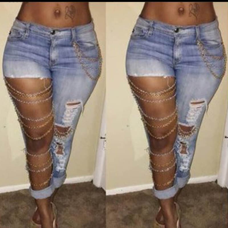 Women's exaggerated large hole jeans women's chain hanging elastic cotton pants