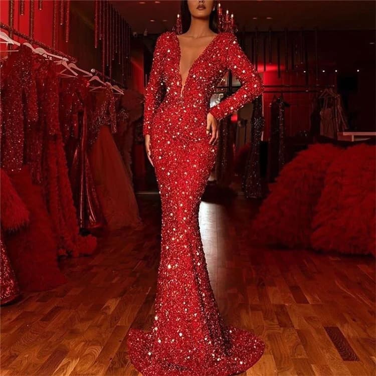 Women's Clothing Women's Dress Fishtail Edge Red Sparkling Long Sleeve V Neck Dress Long Skirt