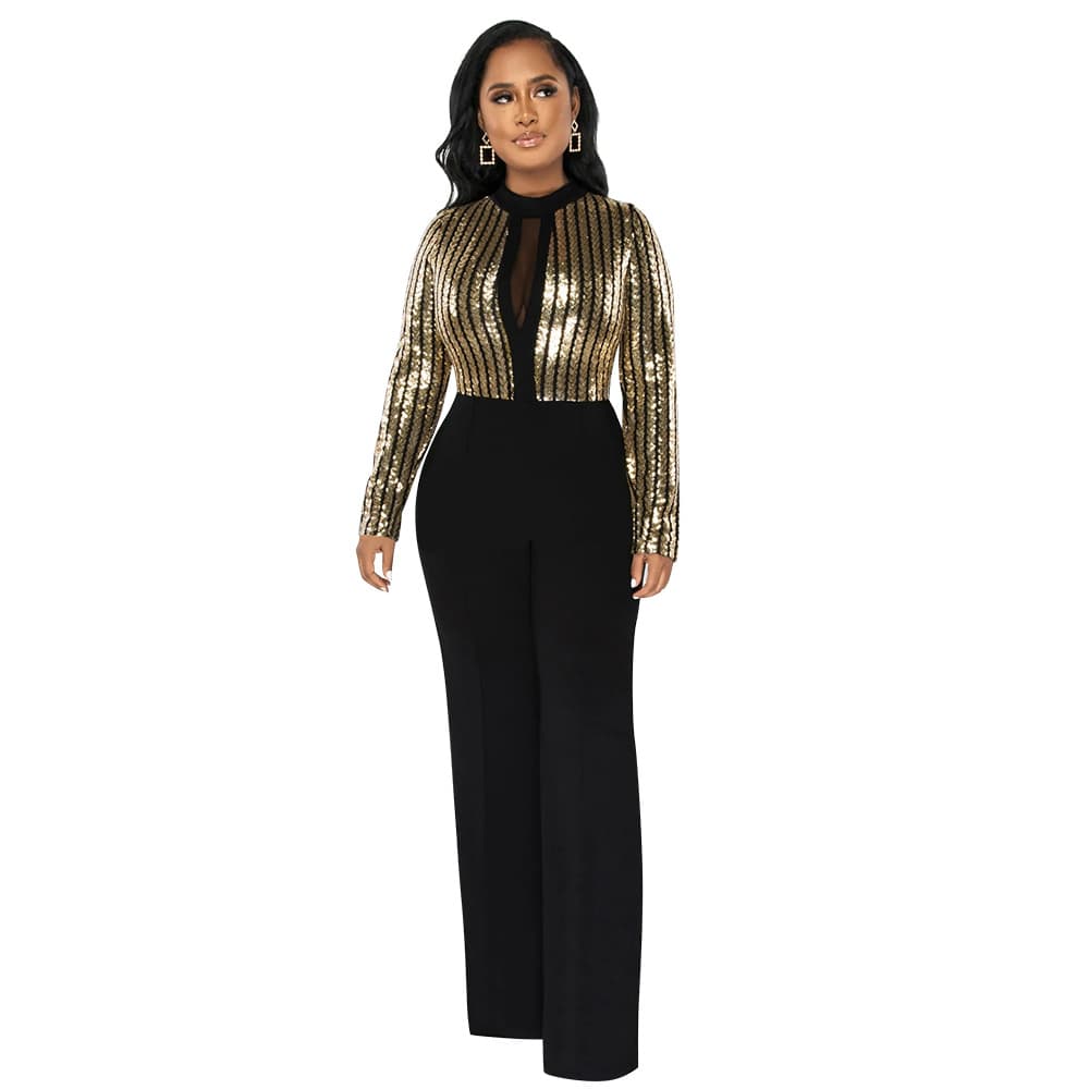 Women's clothing Station Foreign Trade Cross-border E-commerce Model Slim Long-sleeved Jumpsuit Sequin Party Best-selling Model