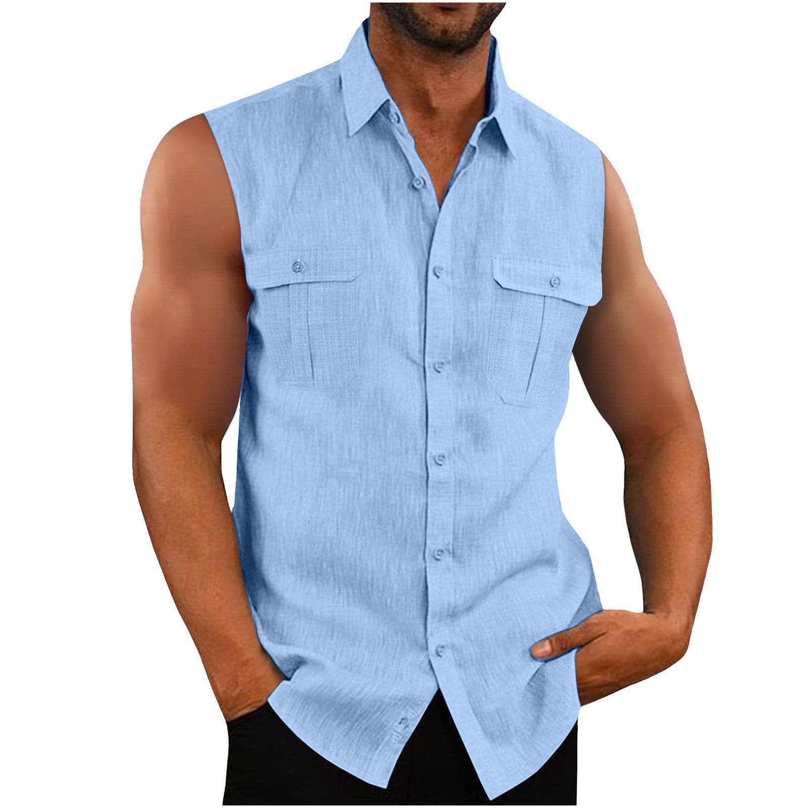 Men's Clothing Men's Shirt Double Pocket Cotton And Linen Sleeveless Shirt Casual Vacation Shirt