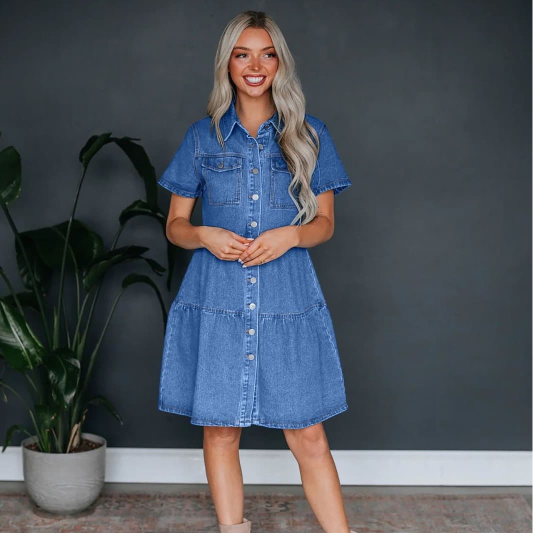 Women's Clothing Short Sleeved Lapel Casual Style Cowgirl Dress