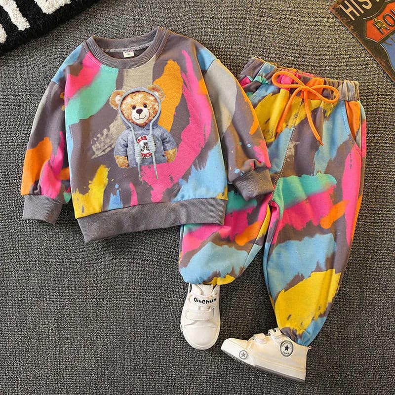 Spring Toddle Baby Clothes Set Fashion Graffiti Sweater And Pant Outfit Children Boy Girl Cartoon Bear Top And Bottom Tracksuit