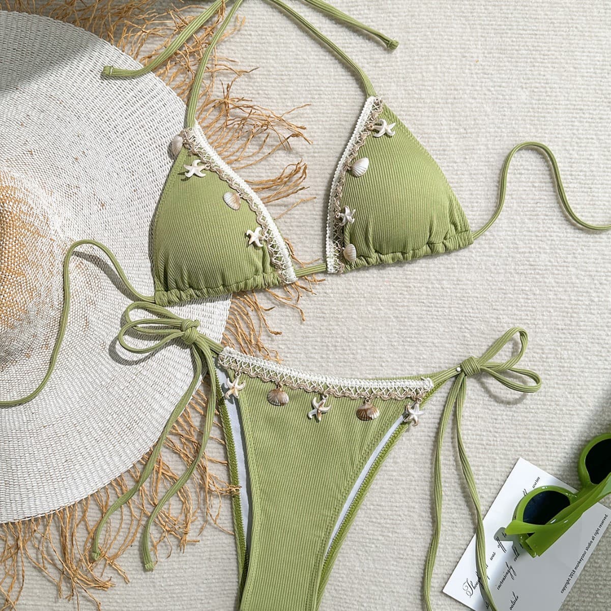 Women's Clothing Swimsuit Women New Shell Bikini Triangle Cup Sexy Halter Neck Strap Lace Up Swimsuit