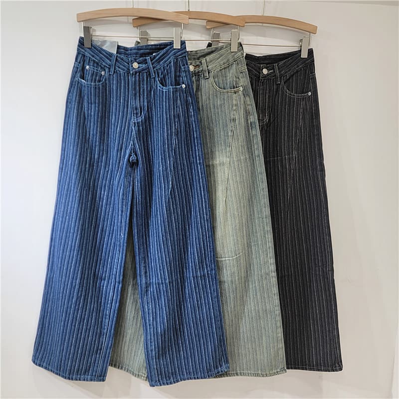 Women's Clothing Retro And Fashionable Ins Striped Jeans New Style Stylish Design Lazy Style Wide Leg Trousers For Women
