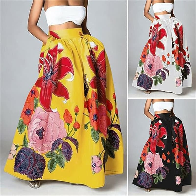 Women's Clothing Women's Skirt Floral Loose High Waist Holiday Big Swing Pocket Skirt Female