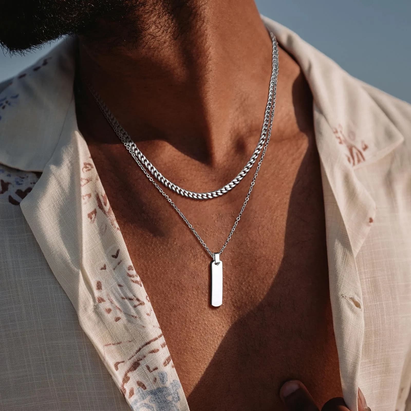 Stylish Geometric Vertical Bar Necklaces for Men Boys, Layering Stainless Steel Pendant with Wheat Rope Cuban