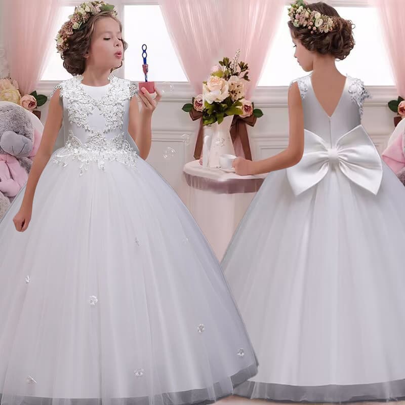 Flower Girl's Birthday Communion Party Beaded 2024 New Year's Christmas Girl Princess Flying Sleeve Tutu Small Dress