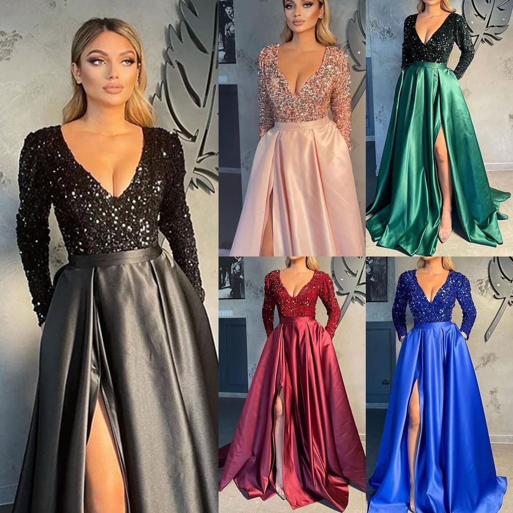 women's Sequined Big Swing Sexy Long Skirt Tail Banquet Evening Dress