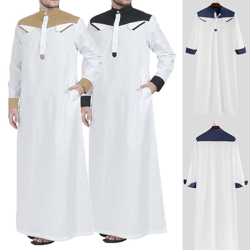 Men's Clothing new Muslim men's clothing Middle Eastern loose stand up collar contrast color long sleeved ethnic style one piece robe