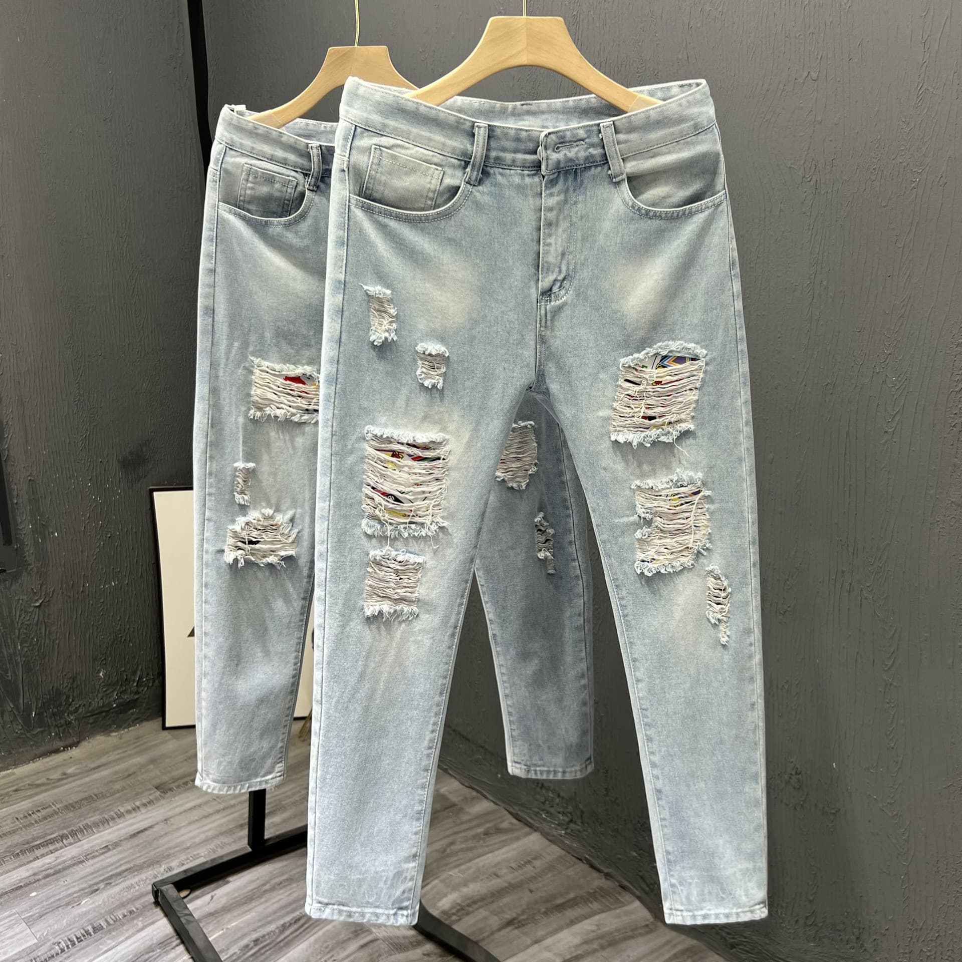 Men's Distressed Slim Fit Jeans – Vintage Washed Denim With Ripped Details & Rolled Cuff (Light Blue, 28-36, 65% Cotton, High Elasticity)