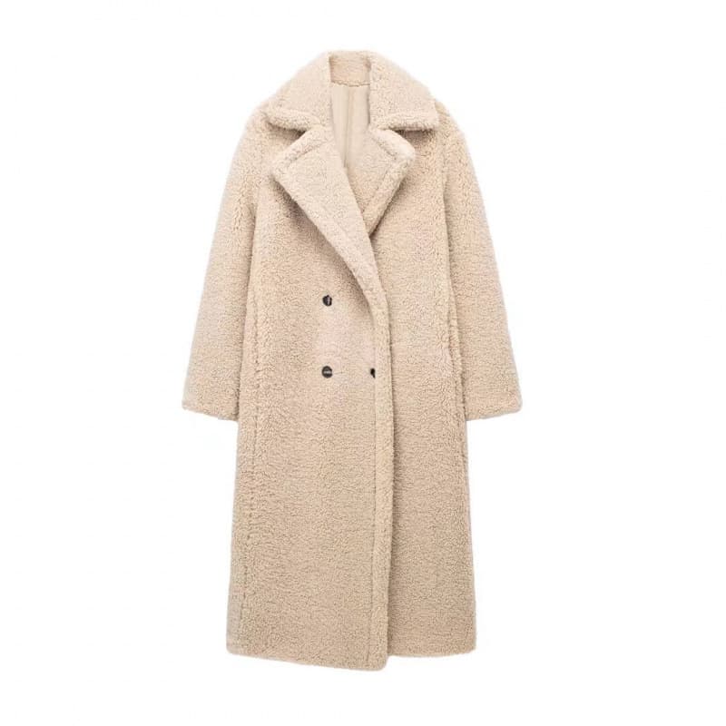 Oversized Fleece-Lined Long Coat For Women - Elegant Double-Breasted Trench Style With Shawl Collar (Champagne, Beige, Black, Camel)