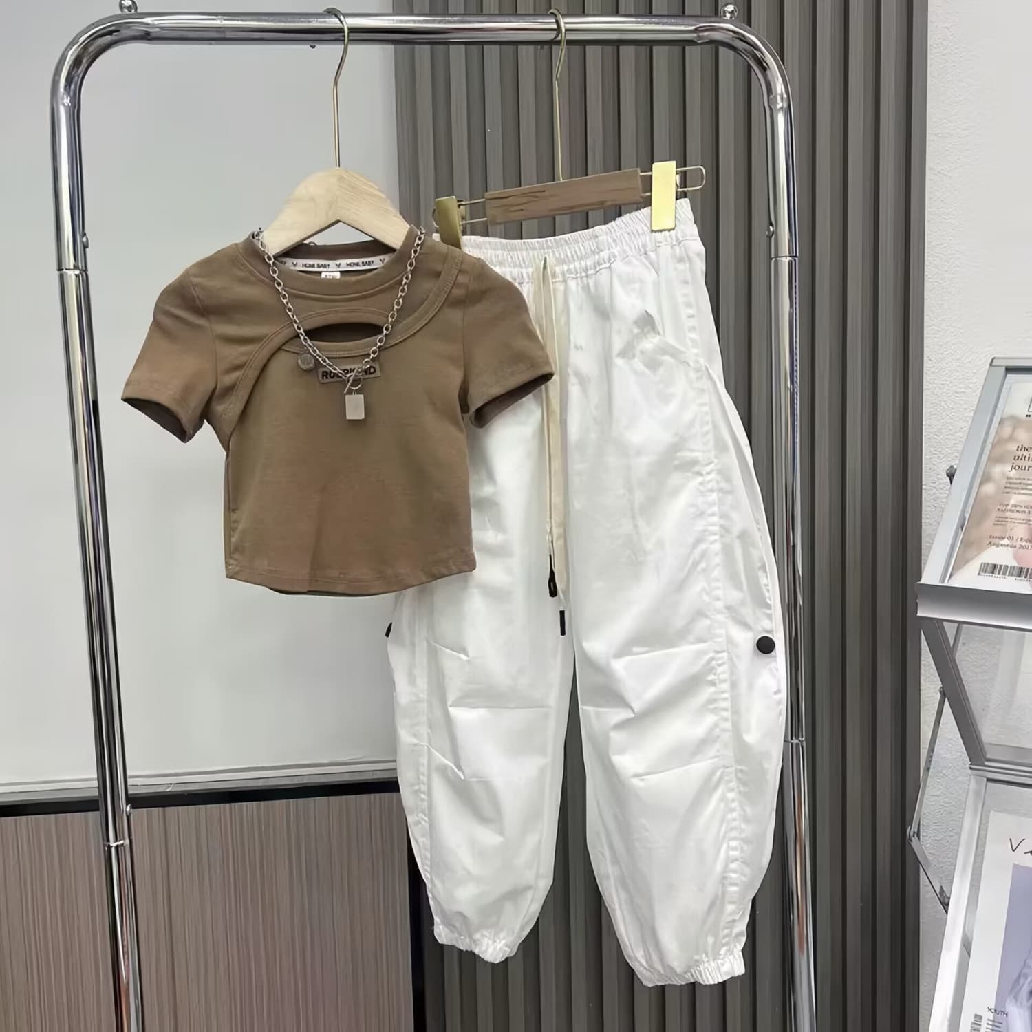 Mother&Kids Girls' summer casual sportswear summer children's short-sleeved fashion two-piece set tide