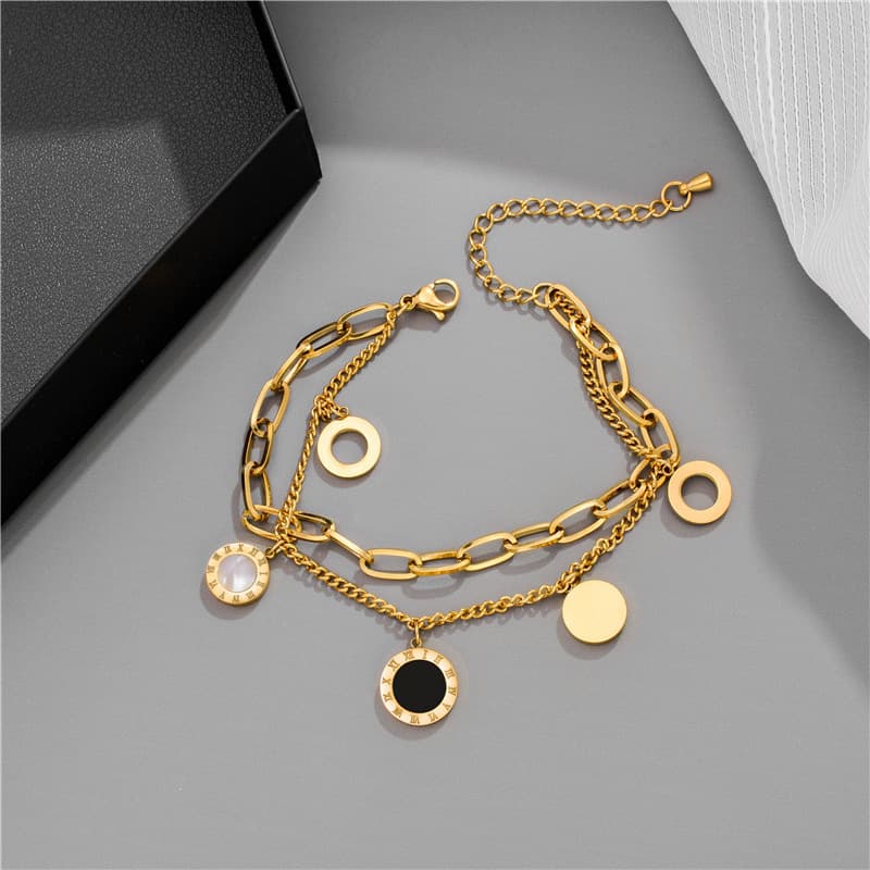 Unisex Jewelry Fashion Fashion Simple Personality Double Layer Irregular Round Hollow Pendant Metal Titanium Steel Chain Bracelet
