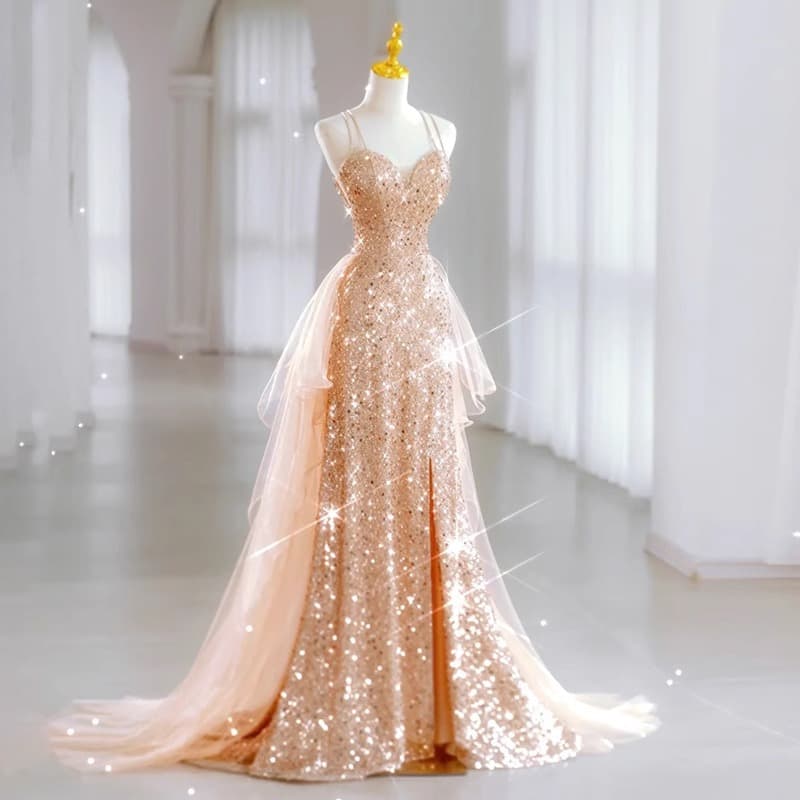 Robe de soirée couleur champagne pour femme, haut de gamme, luxe léger, niche, tempérament, écharpe, hôte, robe de banquet, jupe, paillettes, sentiment haut de gamme