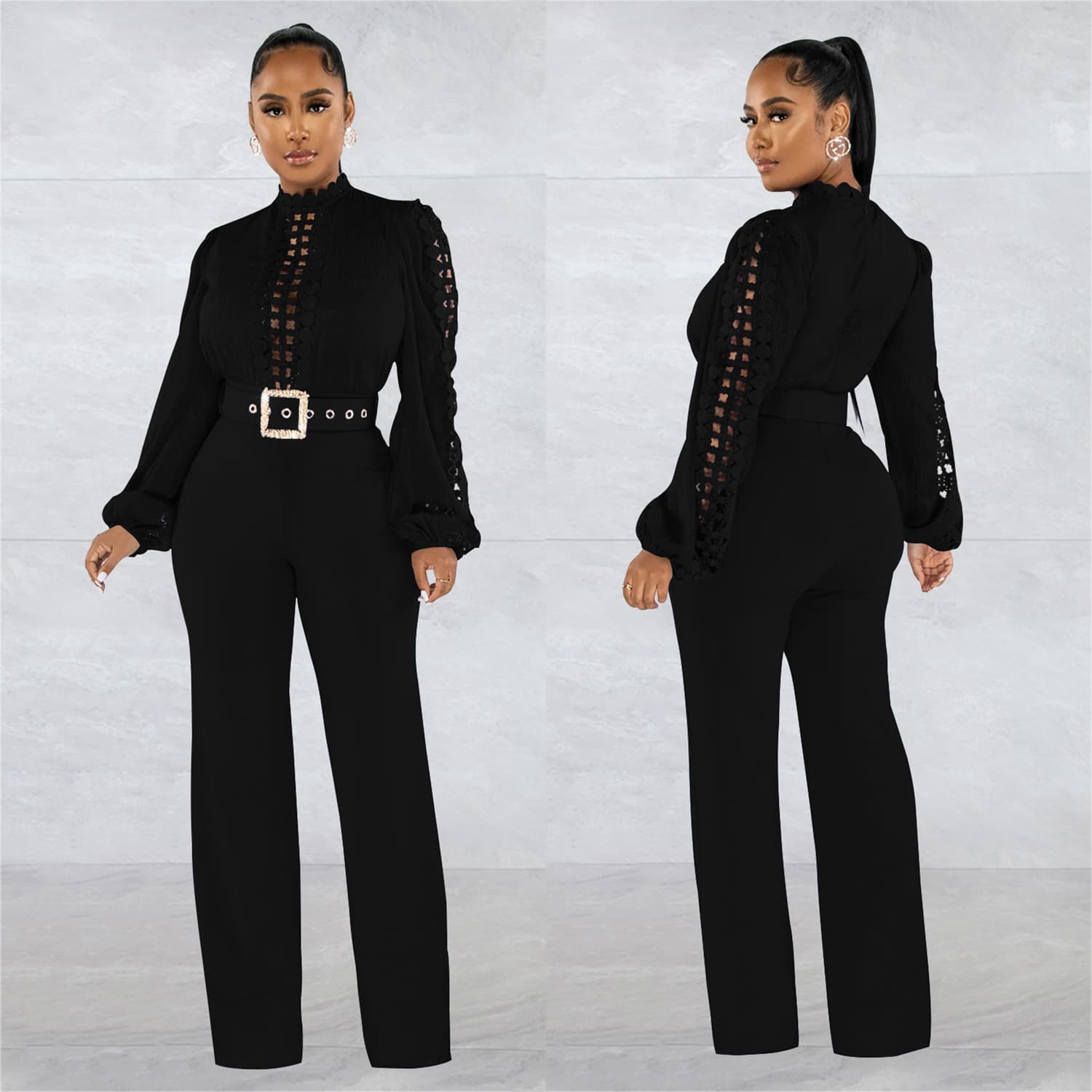 Women's Belt Lace Openwork Solid Color Long Sleeve Pants Jumpsuit