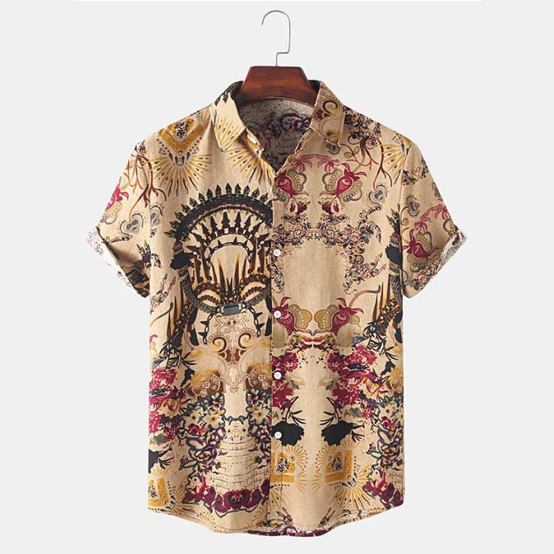 Men's fashion ethnic style printed short sleeve lapel men's shirt
