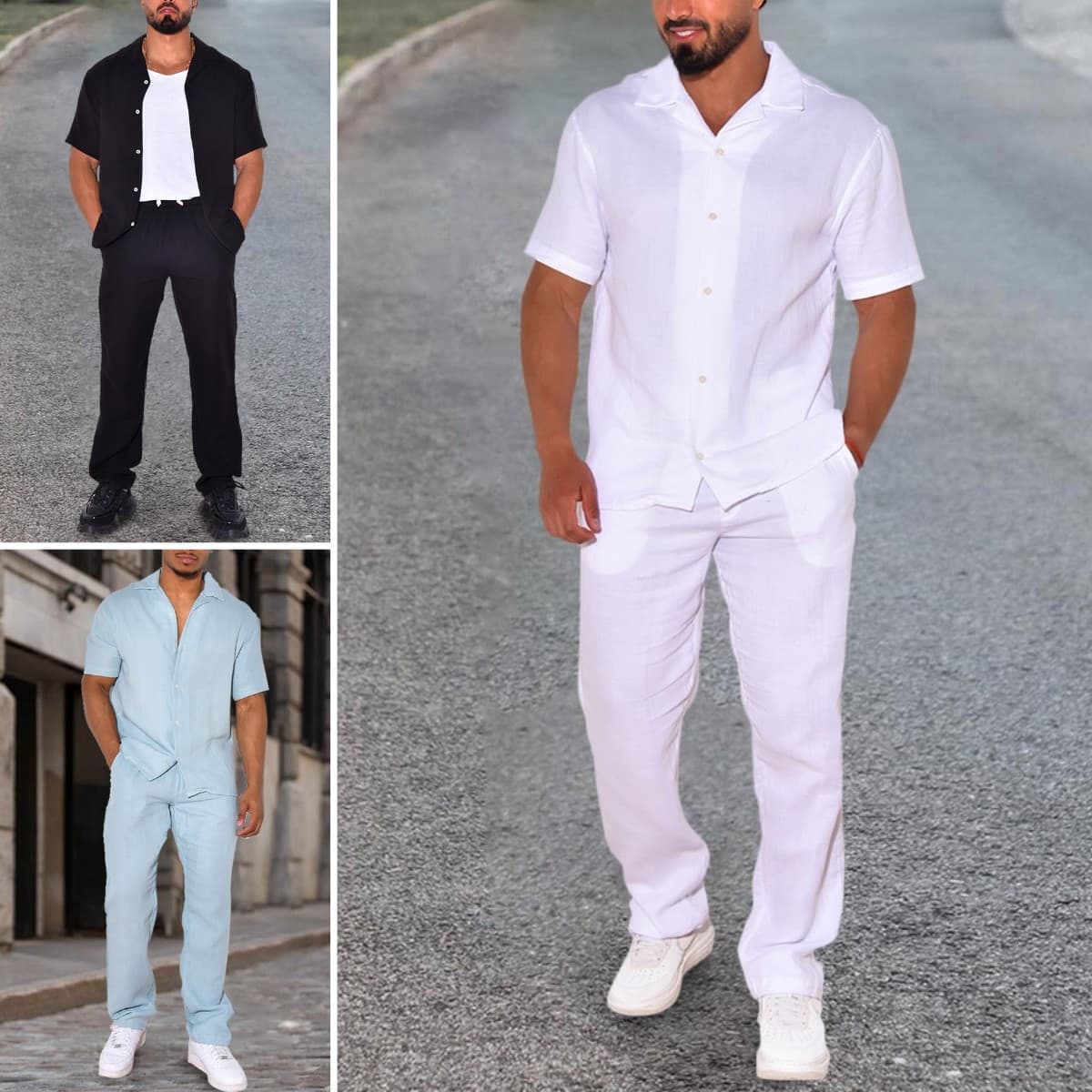 Summer casual summer loose short sleeved T-shirt long pants four sided elastic suit men's
