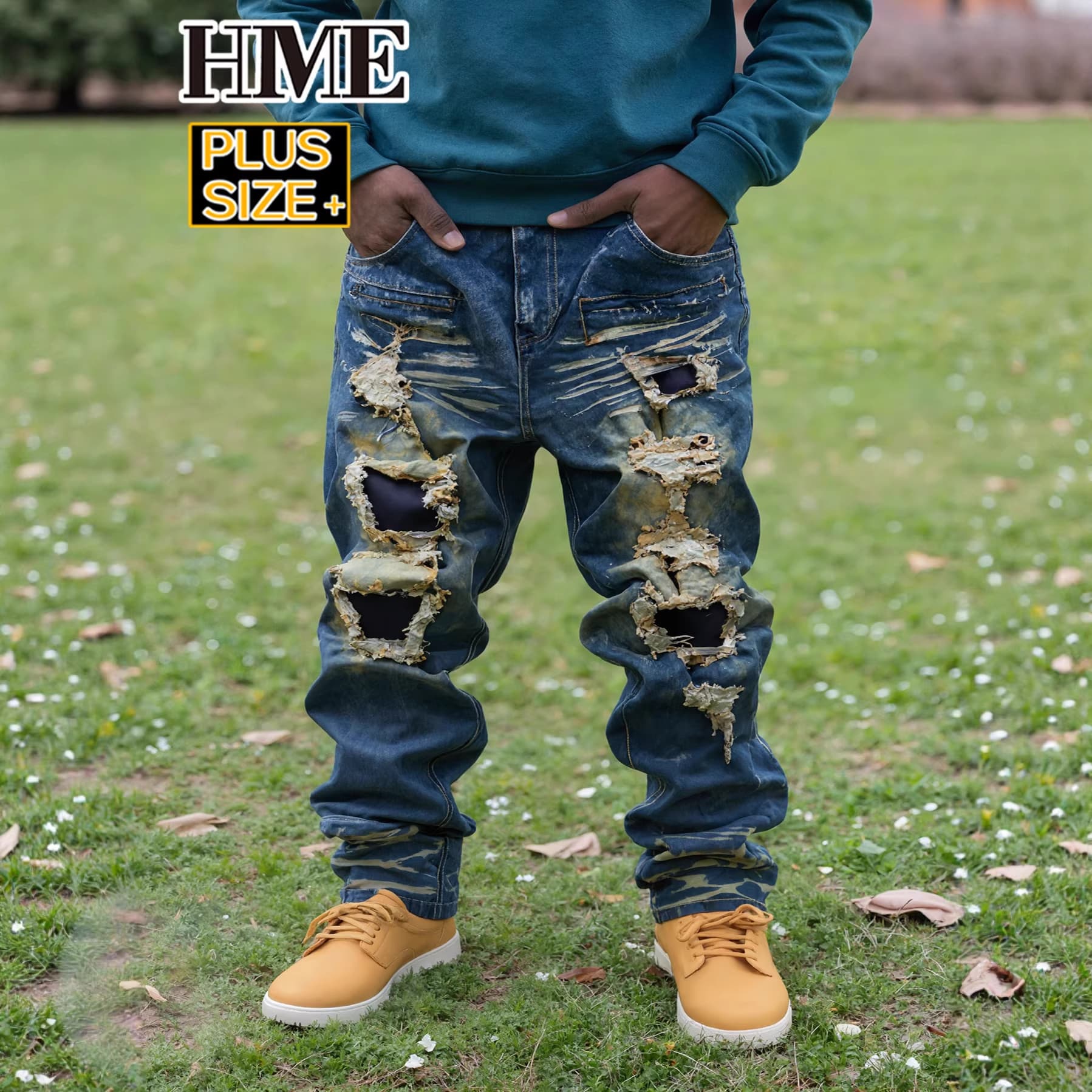 Plus Size Men's Jeans With Rips And Patches Heavy Duty Long Pants High Street Fat Man's Clothing