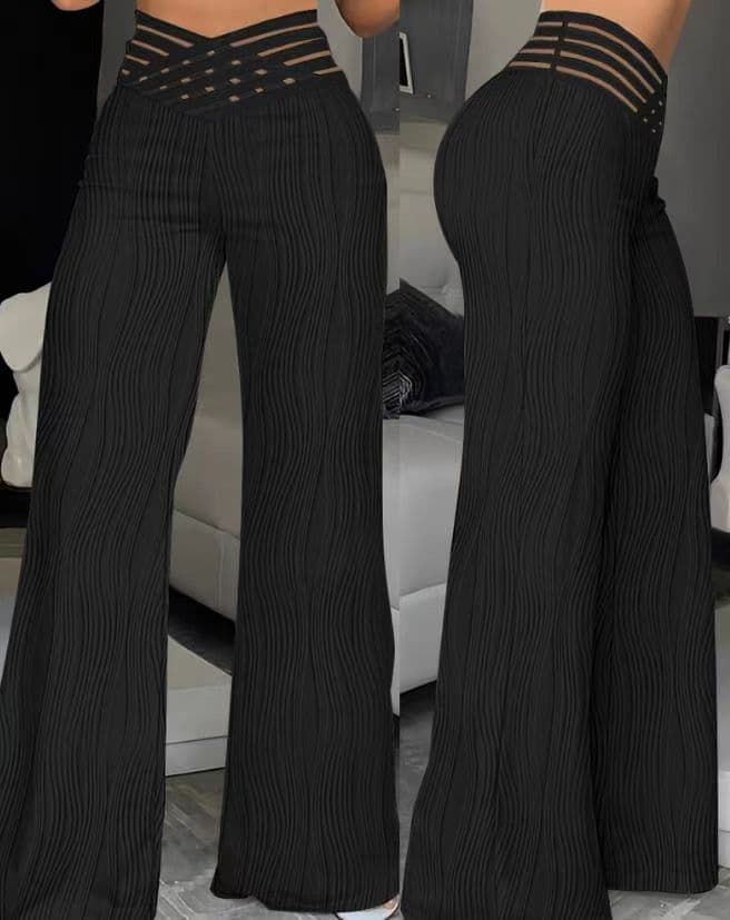 Women's Trousers Fashion High Waist Casual Pants Drapey Pleated Hollow Water Ripple Wide Leg Pants