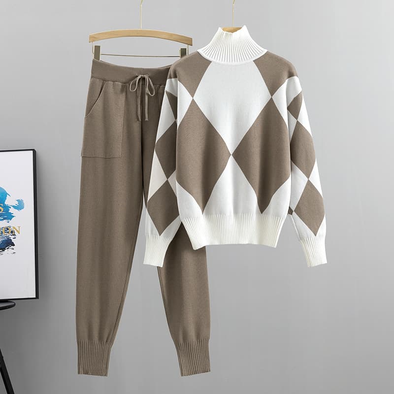 Women's Clothing Casual knitted plaid sweater two-piece set