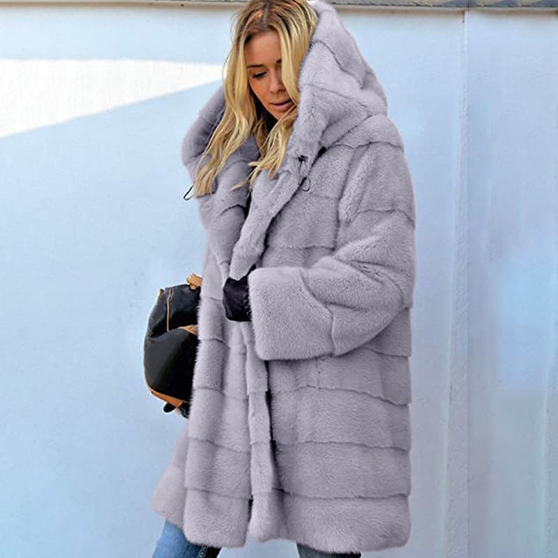 Women's Fashion Loose Plush Long Sleeve Hooded Long Imitation Fur Autumn-winter Warm Coat