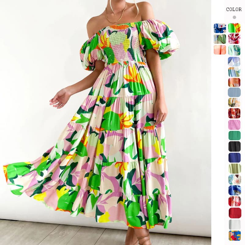 Women’s Clothing Summer New Style Puff Sleeve Vacation Slim Long Dress Hot Girl High Waist One Shoulder Printed Dress Women