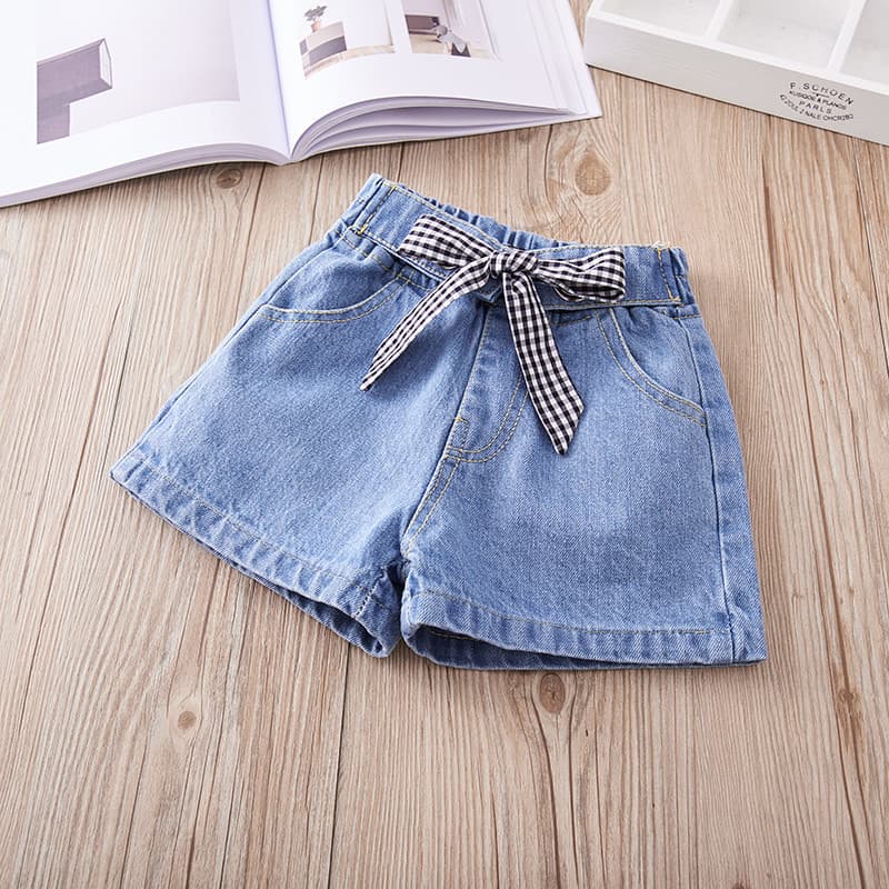 Mother & Kids New girls Korean version solid color lace-up denim shorts children's versatile casual hot pants baby pants