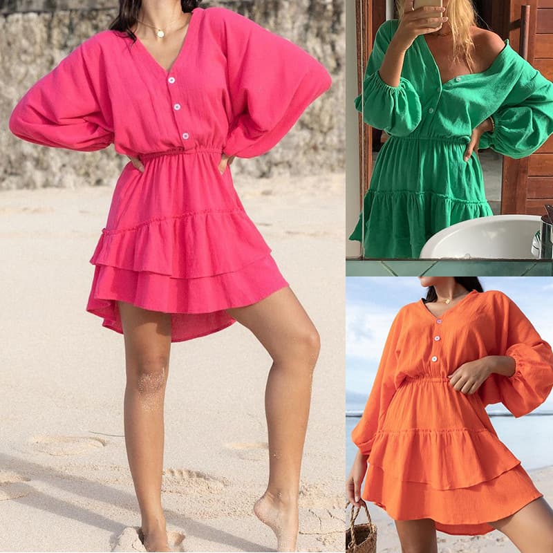 Women's Fashion Style V-neck Bat Sleeve Holiday Cotton Hemp Dress