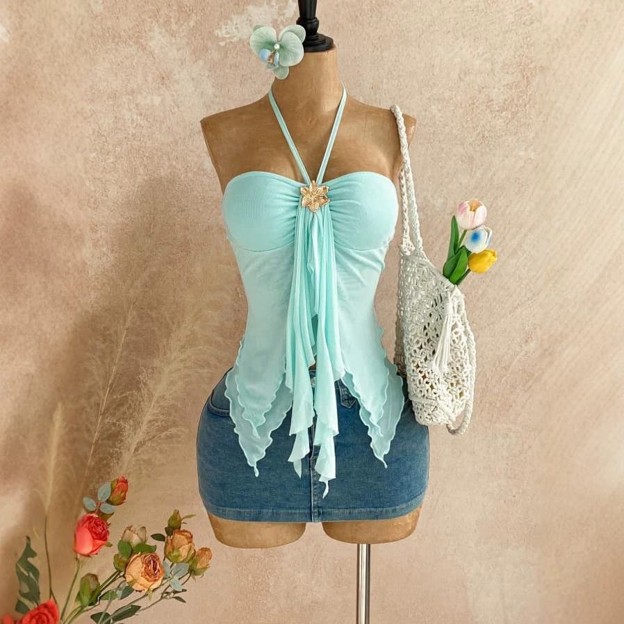 Women's Clothing Women's Halter Neck Tank Top Mesh Irregular Hem Metallic Decoration Style For Formal & Casual For Women