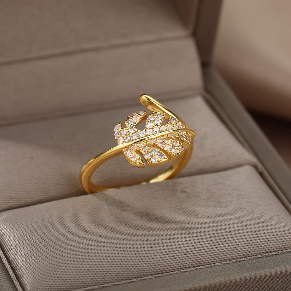 Fashionable Elegant Summer Gold Palm Leaf For Women Open Ring