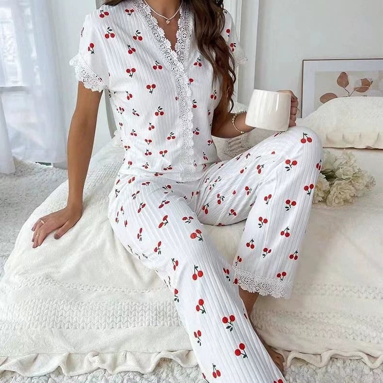 Comfy & Chic Women's Cherry Print Pajama Set, Flowy Lounge Pants With Deep V-Neck Lace Trim, Relaxed Sleepwear