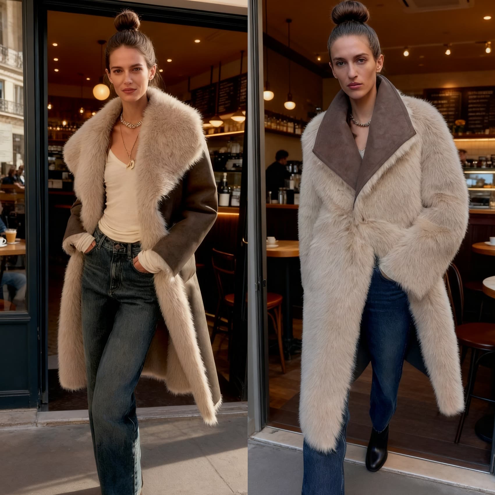 Women's Clothing Luxury Two-Sided Faux Fur Coat With Oversized Lapel - Reversible Long Coat For Women, Winter Fashion Outerwear (Black, Camel)​