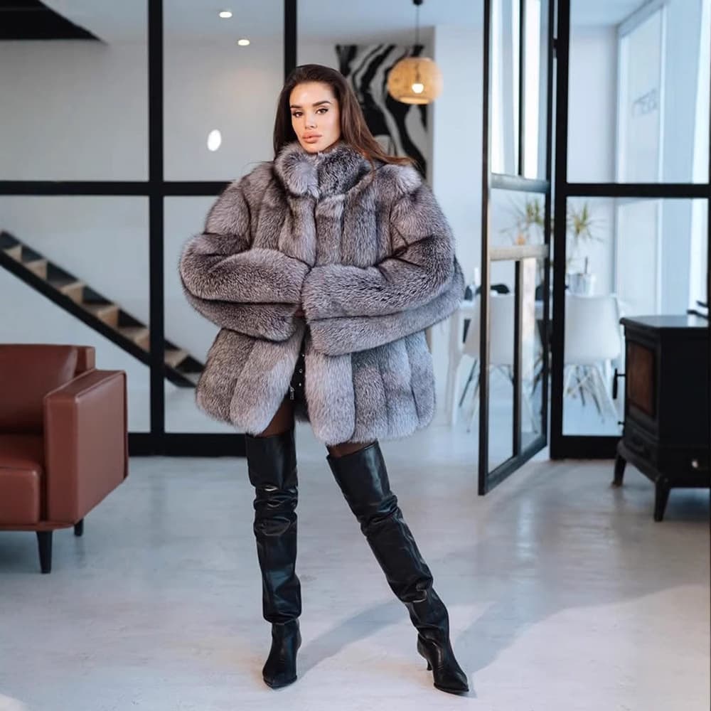 ​​"Luxury Faux Fur Coat For Women - Winter Warm Long Sleeve Fox Fur Stitch Outerwear, Elegant Loose Fit Top"​​