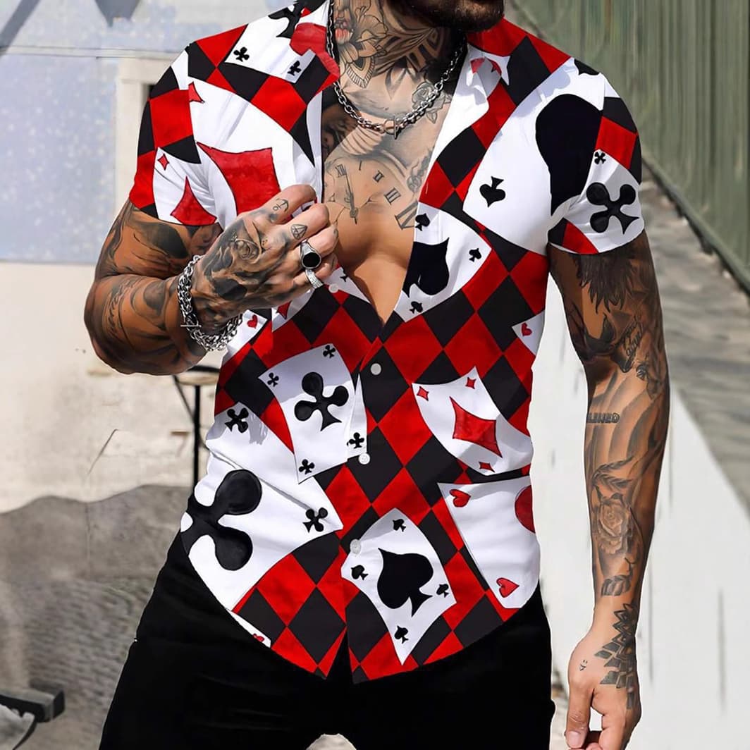 Men's Clothing Short Sleeved Elastic Poker Print Casual Shirt