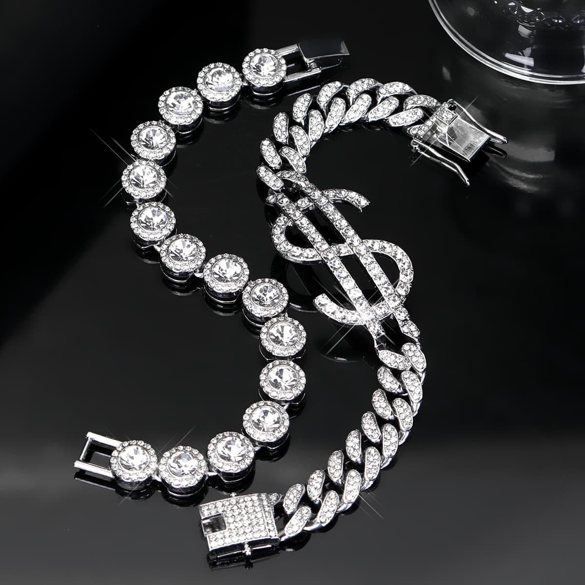 Charm Bracelets Diamond Studded US Dollar Symbol Bracelet Fashion Creative Classic Personality Cuban Chain Bracelet Hand Jewelry Set