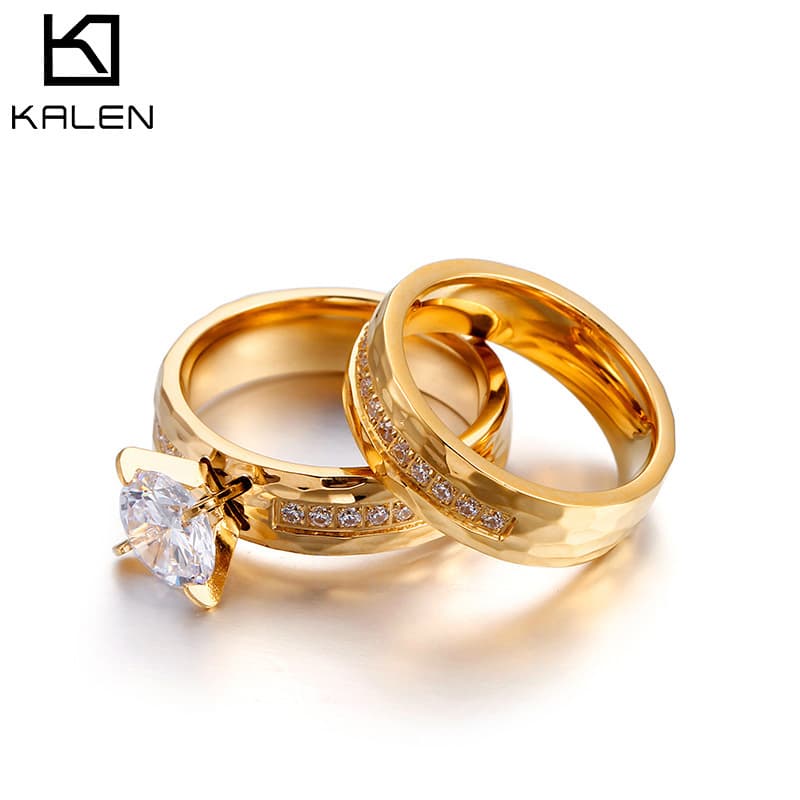 Kalu Titanium Jewelry Couple Micro Pave Diamond Hammered Texture Zircon Wedding Stainless Steel Ring