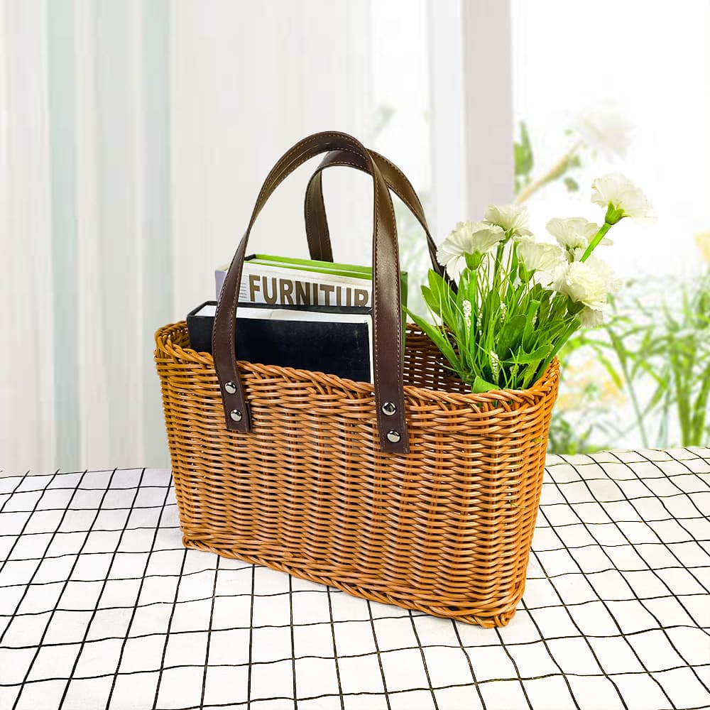 PhoenixCraft Handwoven Shopping Basket - Eco-Friendly Rattan-Style Grocery Tote With Leather Handles