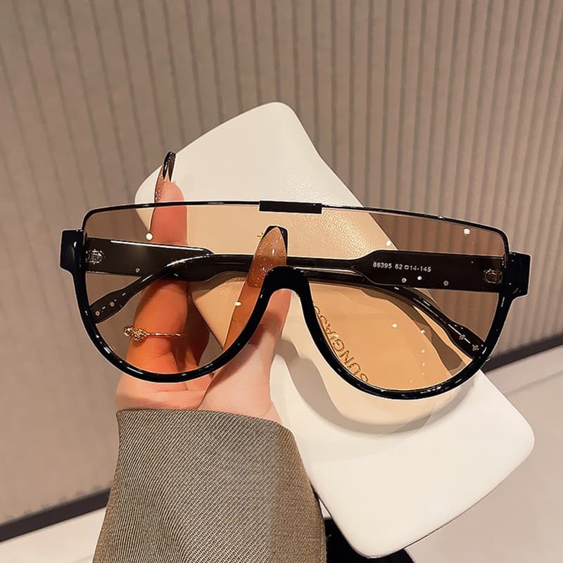 Fashionable brown one piece half circle sunglasses for women Korean version of ins mask lower half frame slim sunglasses trend