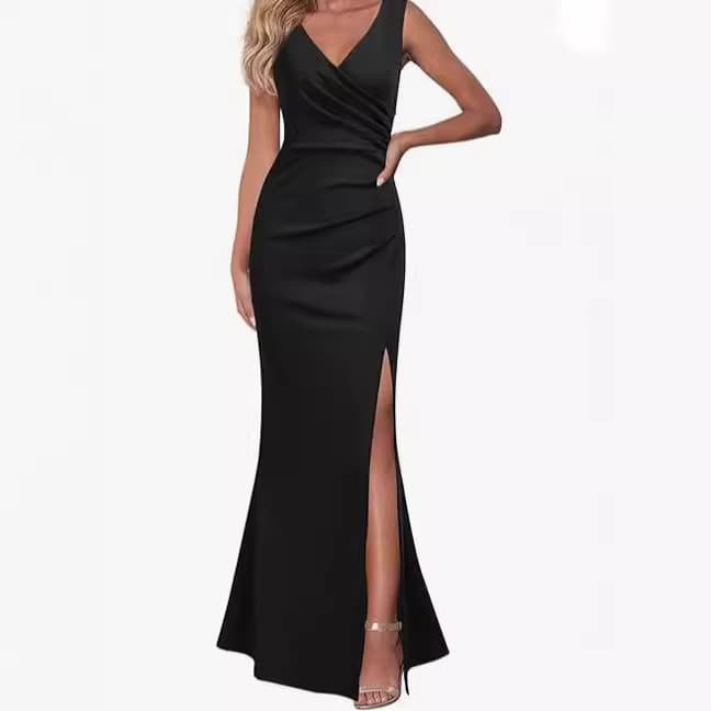 Women's Clothing V Neck Slit Evening Dress Cocktail Long Dress