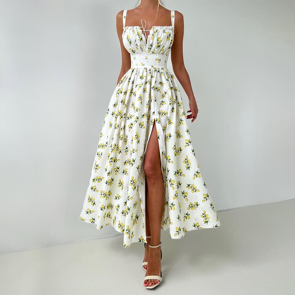 Women's Clothing Pure Cotton Suspender Skirt Summer New Style Slit Waist Tie Long Skirt Printed Dress