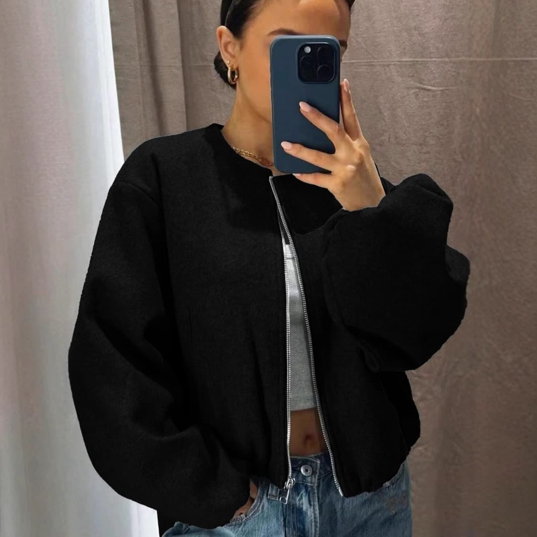 Women's Autumn/Winter Baseball Jacket Bomber Style Round Neck Drop Shoulder Lantern Sleeve Zipper Cardigan Streetwear
