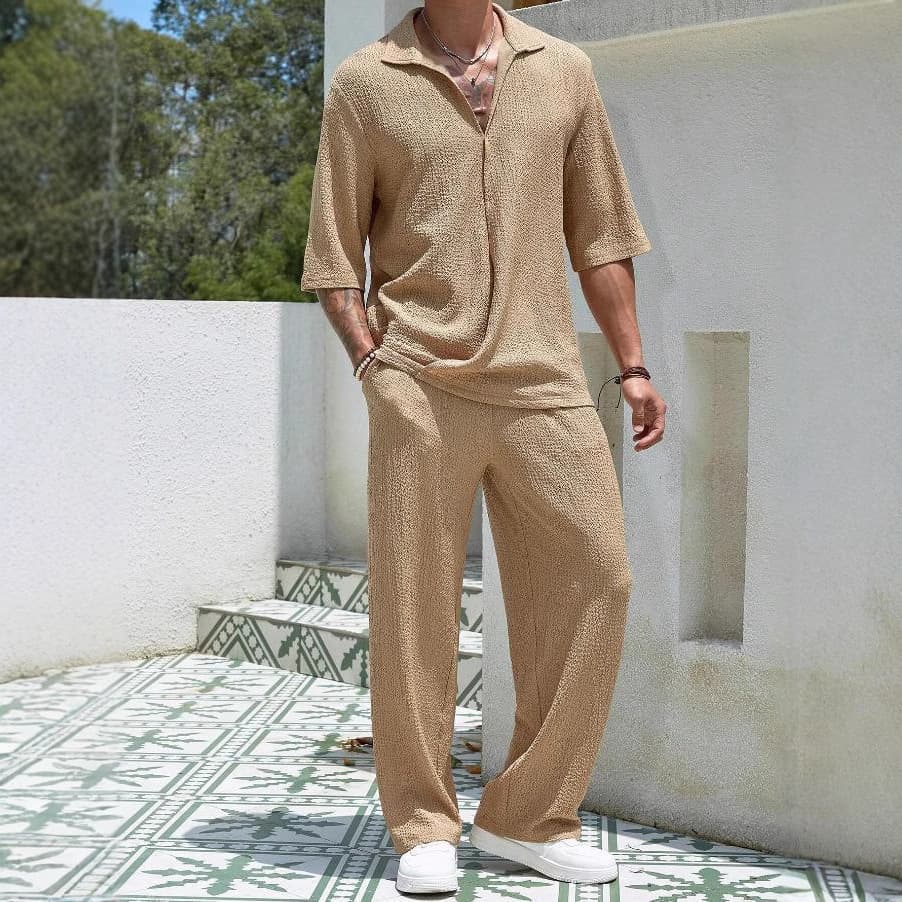 Men's Clothing New Commuter Suits Casual Shirt Solid Color Short Sleeved Trousers Men's Two Piece Casual Suit