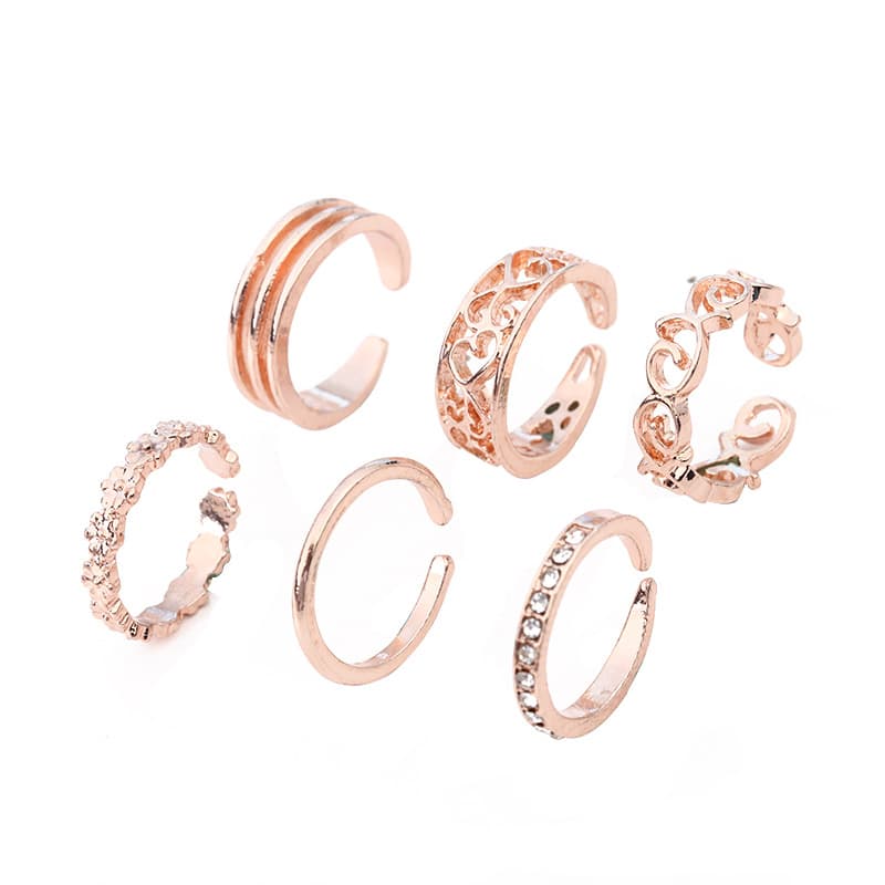 New Exaggerated Jewelry 6-Piece Set: With Inlaid Diamonds, Hollow Heart Ring, And Foot Ring